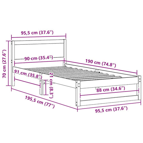 vidaXL Bed Frame with Headboard Brown 90 x 190 cm Solid Pine wood