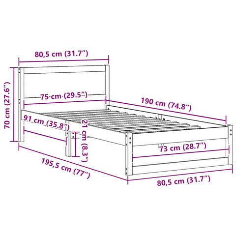 vidaXL Bed Frame with Headboard Brown 75 x 190 cm Solid Pine wood