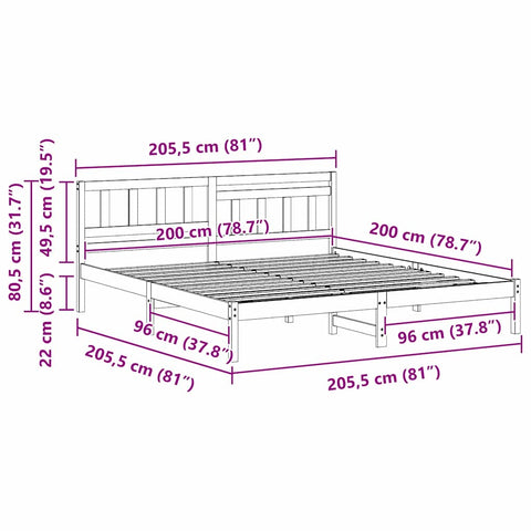 vidaXL Bed Frame with Headboard Wax brown 200 x 200 cm Solid pine wood