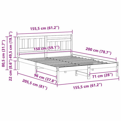 vidaXL Bed Frame with Headboard Wax brown 150 x 200 cm Solid pine wood