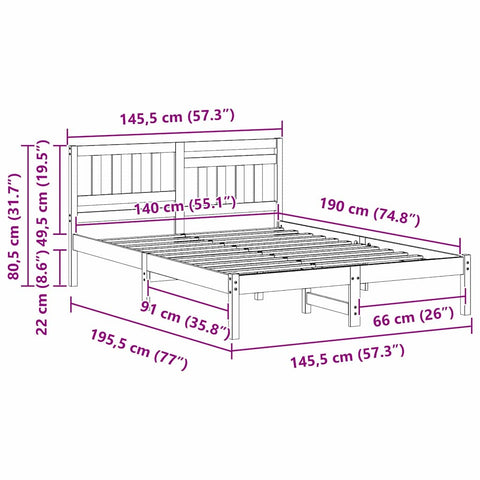 vidaXL Bed Frame with Headboard Wax brown 140 x 190 cm Solid pine wood