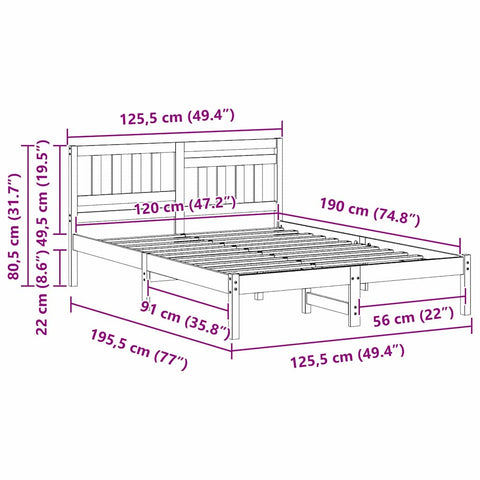 vidaXL Bed Frame with Headboard Brown 120 x 190 cm Solid pine wood
