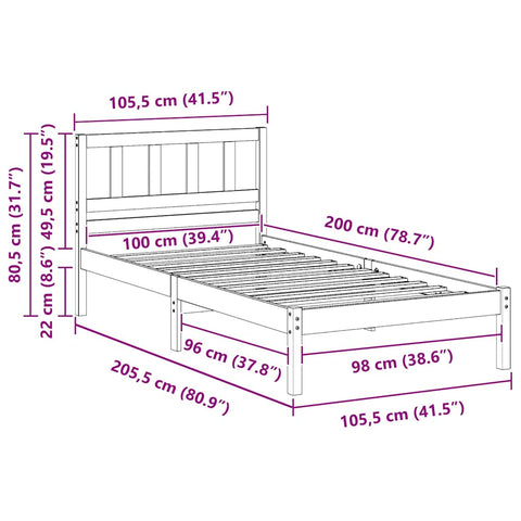 vidaXL Bed Frame with Headboard Brown 100 x 200 cm Solid pine wood
