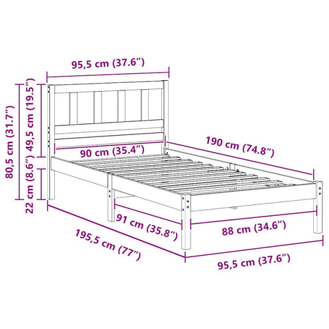 vidaXL Bed Frame with Headboard Brown 90 x 190 cm Solid pine wood