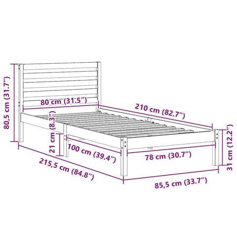 vidaXL Bed Frame with Headboard Brown 80 x 210 cm Solid pine wood