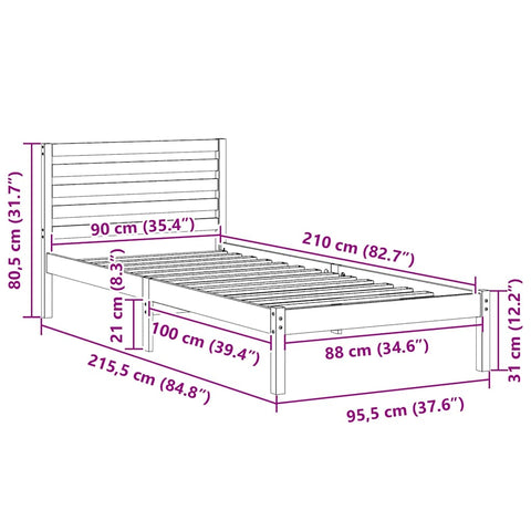 vidaXL Bed Frame with Headboard Brown 90 x 210 cm Solid pine wood