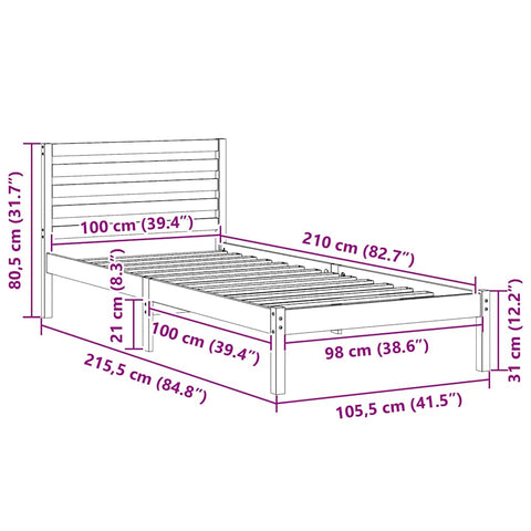 vidaXL Bed Frame with Headboard Brown 100 x 210 cm Solid pine wood