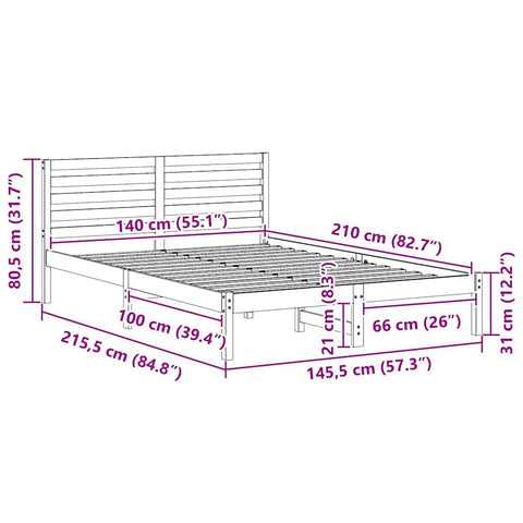 vidaXL Bed Frame with Headboard Wax brown 140 x 210 cm Solid pine wood