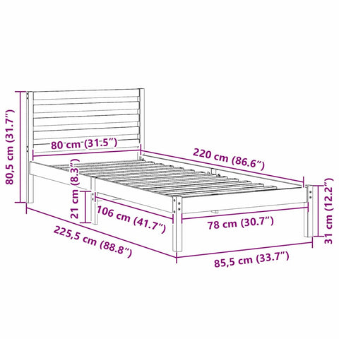 vidaXL Bed Frame with Headboard Brown 80 x 220 cm Solid pine wood