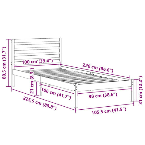 vidaXL Bed Frame with Headboard Brown 100 x 220 cm Solid pine wood