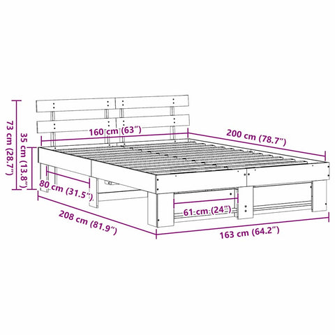 vidaXL Bed Frame with Headboard Brown 160 x 200 cm Solid pine wood