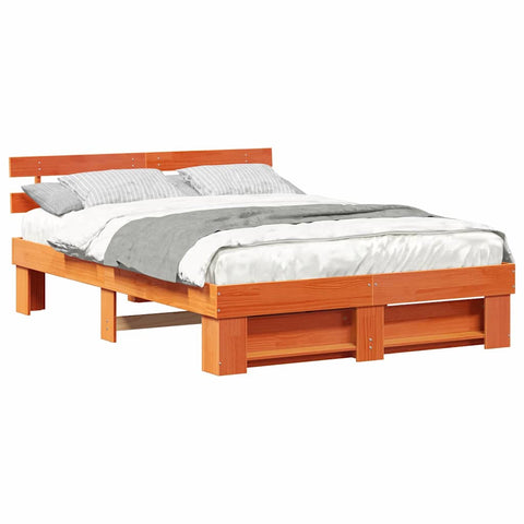 vidaXL Bed Frame with Headboard Wax brown 140 x 200 cm Solid pine wood