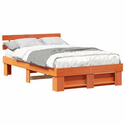 vidaXL Bed Frame with Headboard Wax brown 140 x 190 cm Solid pine wood