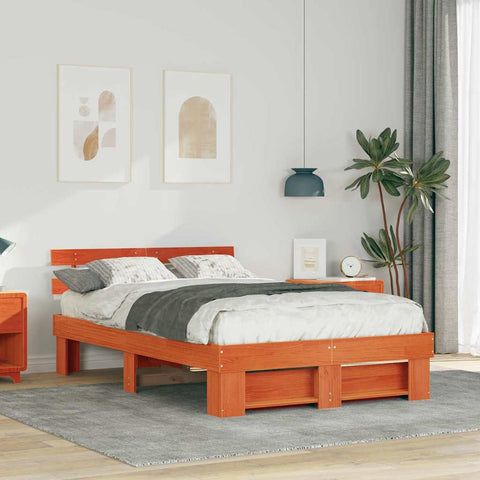 vidaXL Bed Frame with Headboard Wax brown 135 x 190 cm Solid pine wood