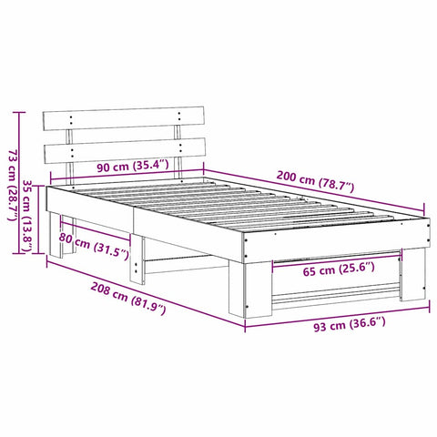 vidaXL Bed Frame with Headboard Brown 90 x 200 cm Solid pine wood