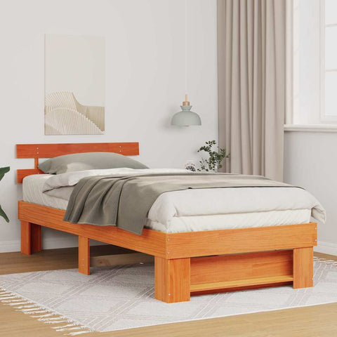 vidaXL Bed Frame with Headboard Wax brown 90 x 200 cm Solid pine wood