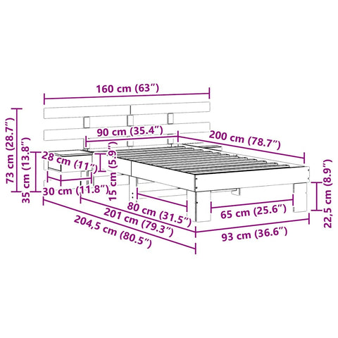 vidaXL Bed Frame with Headboard Brown 90 x 200 cm Solid pine wood