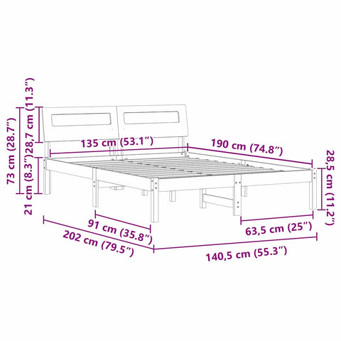vidaXL Bed Frame with Headboard Brown 135 x 190 cm Solid pine wood