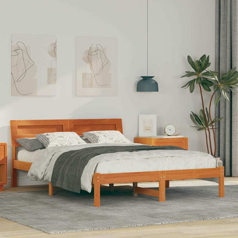 vidaXL Bed Frame with Headboard Wax brown 135 x 190 cm Solid pine wood
