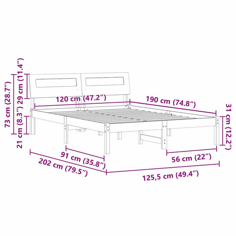 vidaXL Bed Frame with Headboard White 120 x 190 cm Solid pine wood