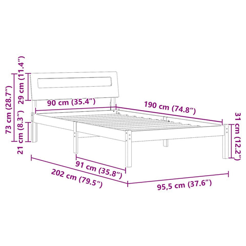 vidaXL Bed Frame with Headboard Brown 90 x 190 cm Solid pine wood