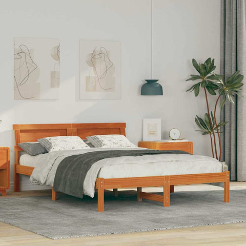 vidaXL Bed Frame with Headboard Wax brown 140 x 190 cm Solid pine wood