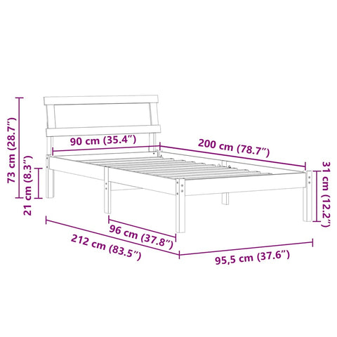 vidaXL Bed Frame with Headboard Wax brown 90 x 200 cm Solid pine wood