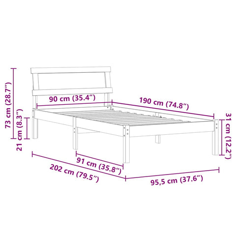 vidaXL Bed Frame with Headboard Brown 90 x 190 cm Solid pine wood