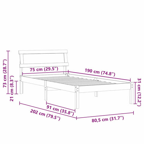 vidaXL Bed Frame with Headboard White 75 x 190 cm Solid pine wood