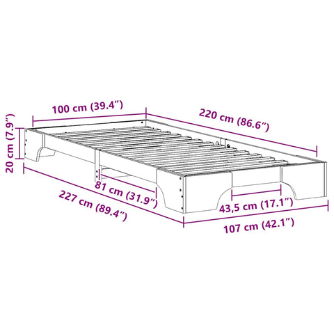vidaXL Floor Bed Frame with Storage White 100 x 220 cm Solid pine wood