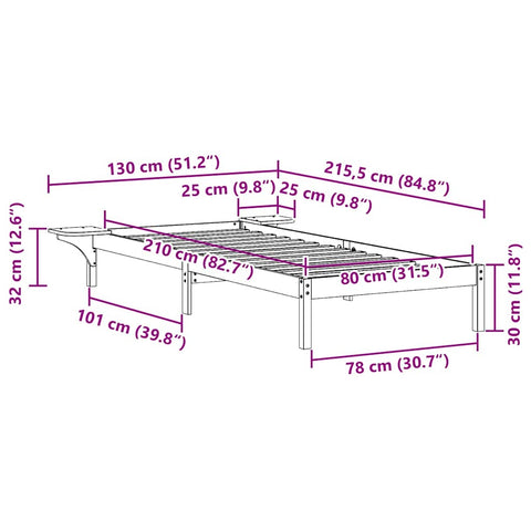 vidaXL Bed Frame with Side Tables Natural 80 x 210 cm Solid Pine Wood