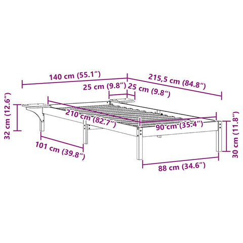 vidaXL Bed Frame with Side Tables Wax Brown 90 x 210 cm