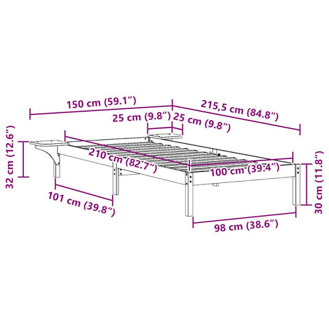 vidaXL Bed Frame with Side Tables White 100 x 210 cm Solid Pine Wood