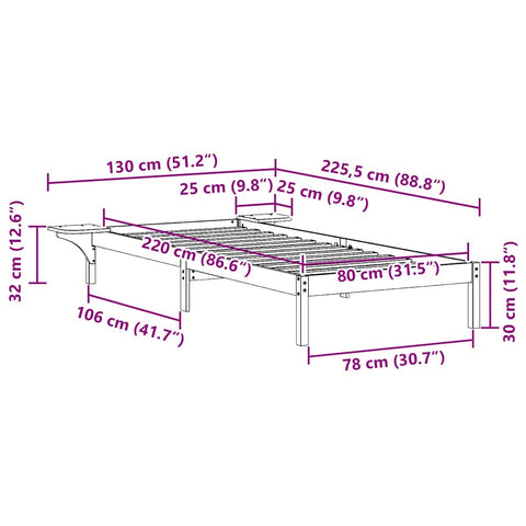 vidaXL Bed Frame with Side Tables Wax Brown 80 x 220 cm