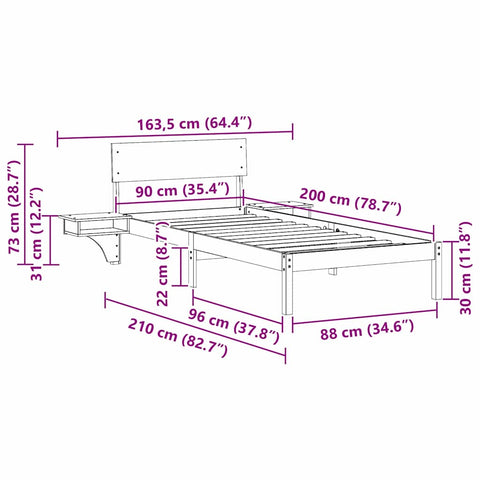 vidaXL Bed Frame with Bedside Tables Wax brown 90 x 200 cm