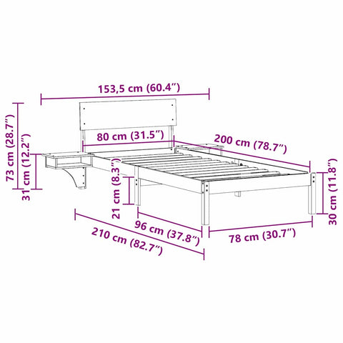 vidaXL Bed Frame with Bedside Tables White 80 x 200 cm Solid pine wood