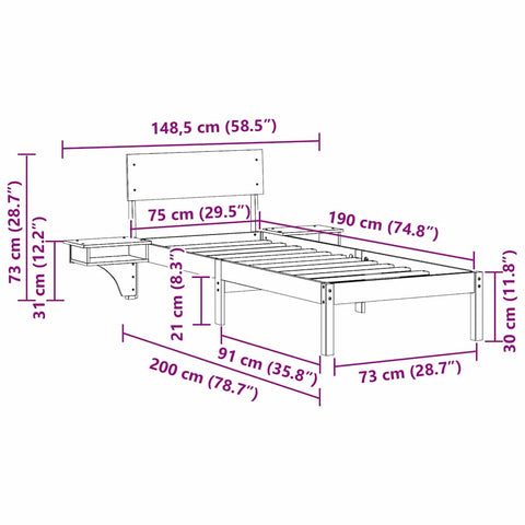 vidaXL Bed Frame with Bedside Tables Brown 75 x 190 cm Solid pine wood