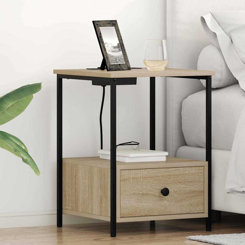 vidaXL Bedside Cabinet with Charging Station with Drawer Sonoma oak