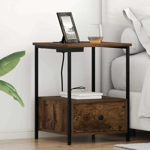 vidaXL Bedside Cabinet with Charging Station with Drawer Smoked oak