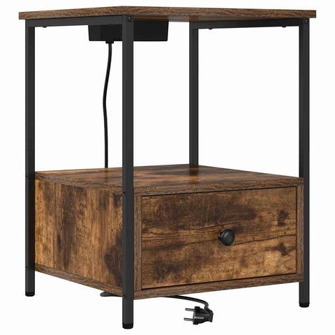 vidaXL Bedside Cabinet with Charging Station with Drawer Smoked oak