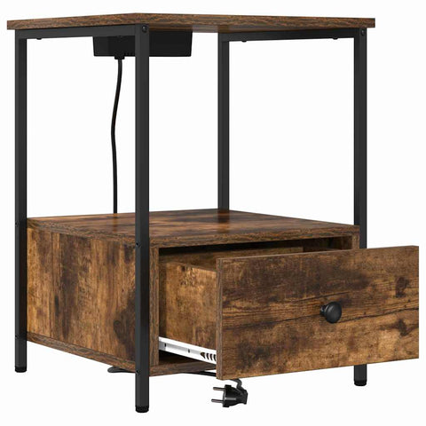 vidaXL Bedside Cabinet with Charging Station with Drawer Smoked oak