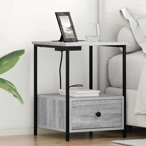 vidaXL Bedside Cabinet with Charging Station with Drawer Grey sonoma