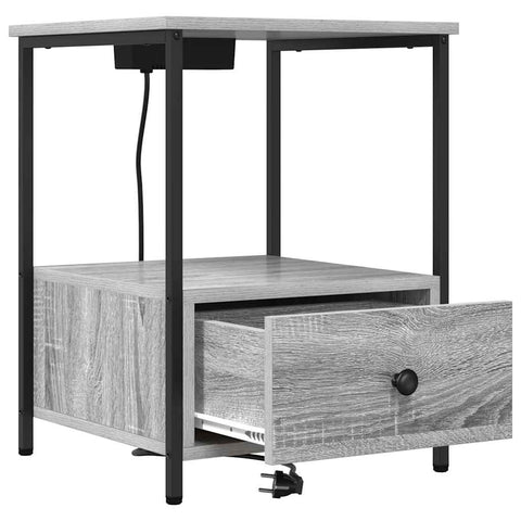 vidaXL Bedside Cabinet with Charging Station with Drawer Grey sonoma