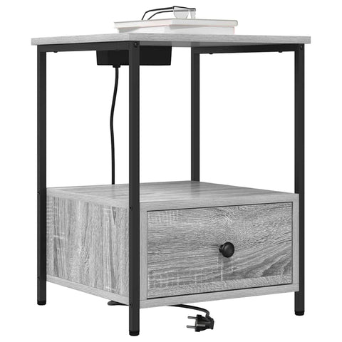 vidaXL Bedside Cabinet with Charging Station with Drawer Grey sonoma