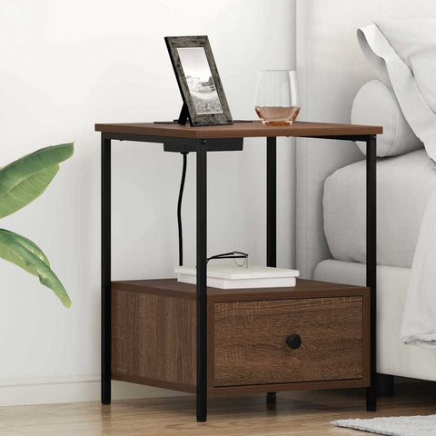 vidaXL Bedside Cabinet with Charging Station Brown oak Engineered Wood