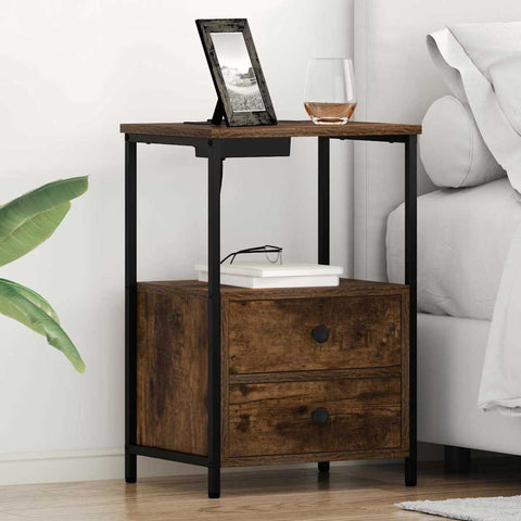 vidaXL Bedside Cabinet with Charging Station with Drawer Smoked oak