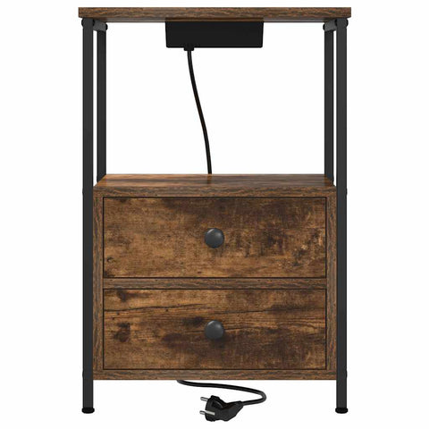 vidaXL Bedside Cabinet with Charging Station with Drawer Smoked oak