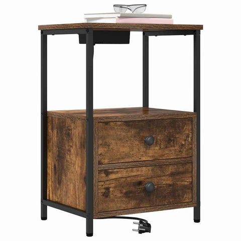 vidaXL Bedside Cabinet with Charging Station with Drawer Smoked oak