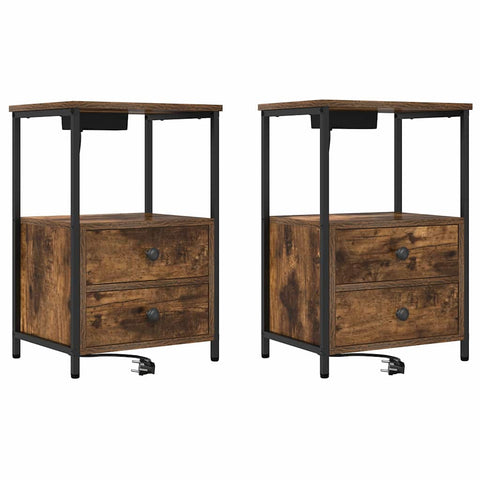 vidaXL Bedside Cabinet with Charging Station 2 pcs Smoked oak