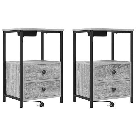 vidaXL Bedside Cabinet with Charging Station 2 pcs Grey sonoma